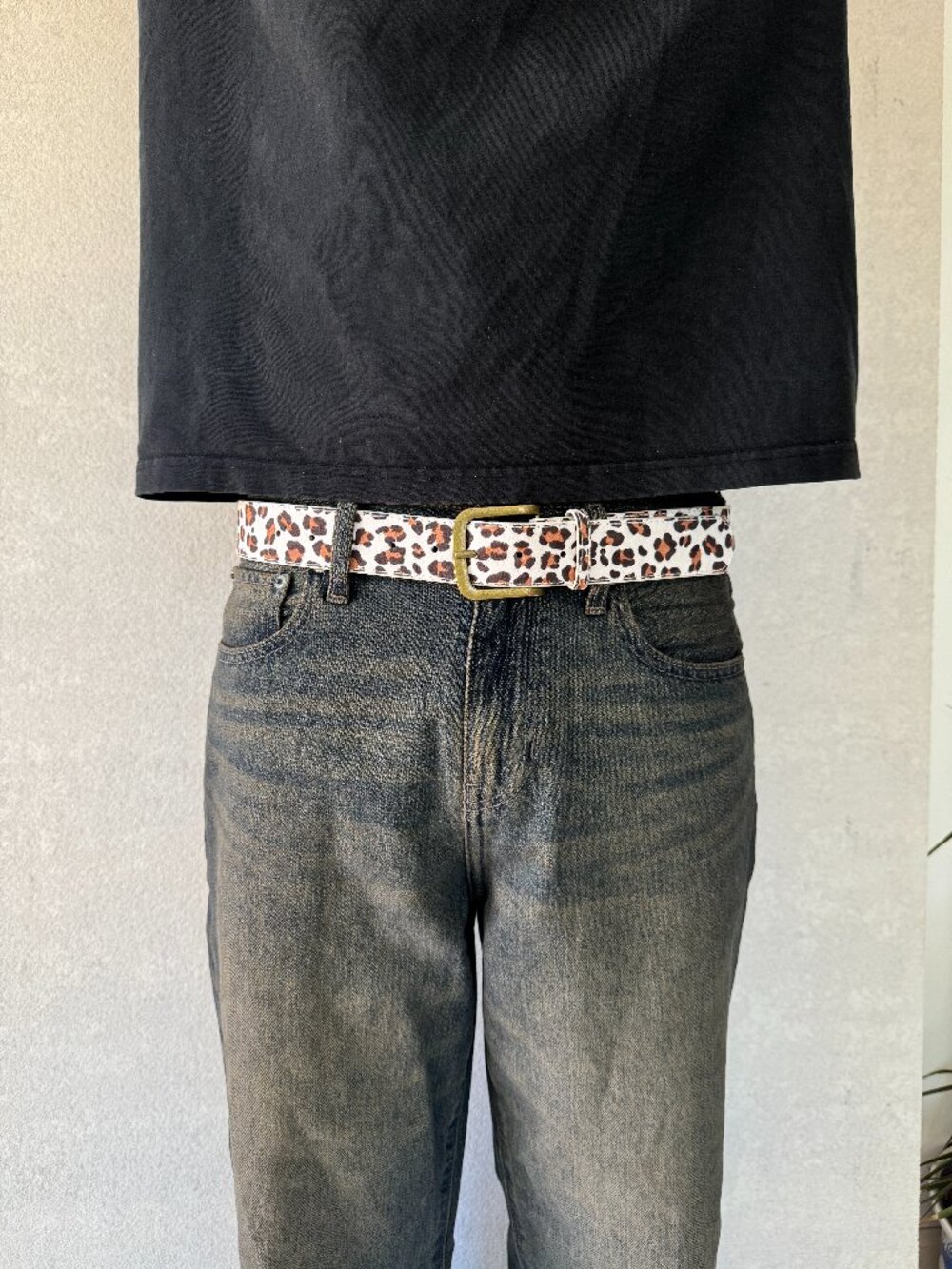 White Cheetah Print Brass Buckle Belt